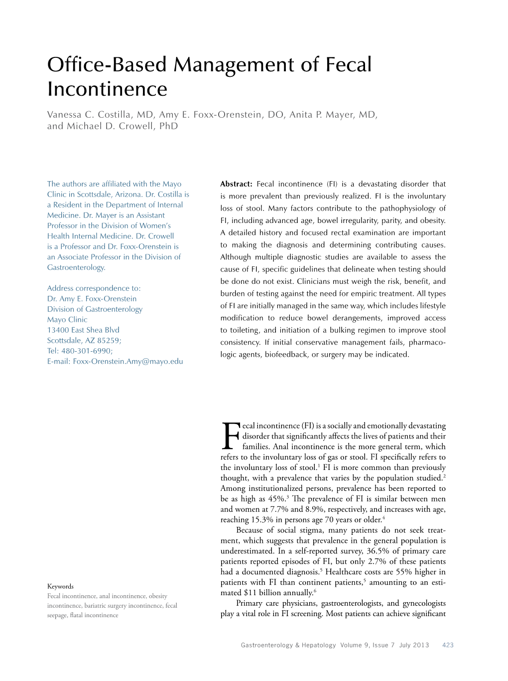 Office-Based Management of Fecal Incontinence Vanessa C