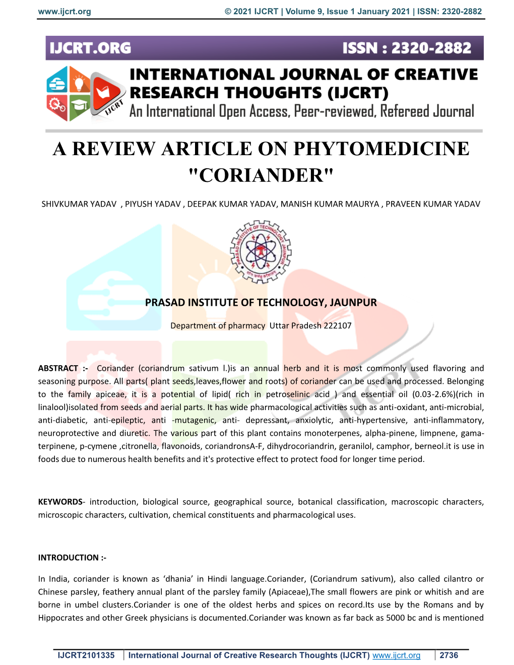 A Review Article on Phytomedicine "Coriander"