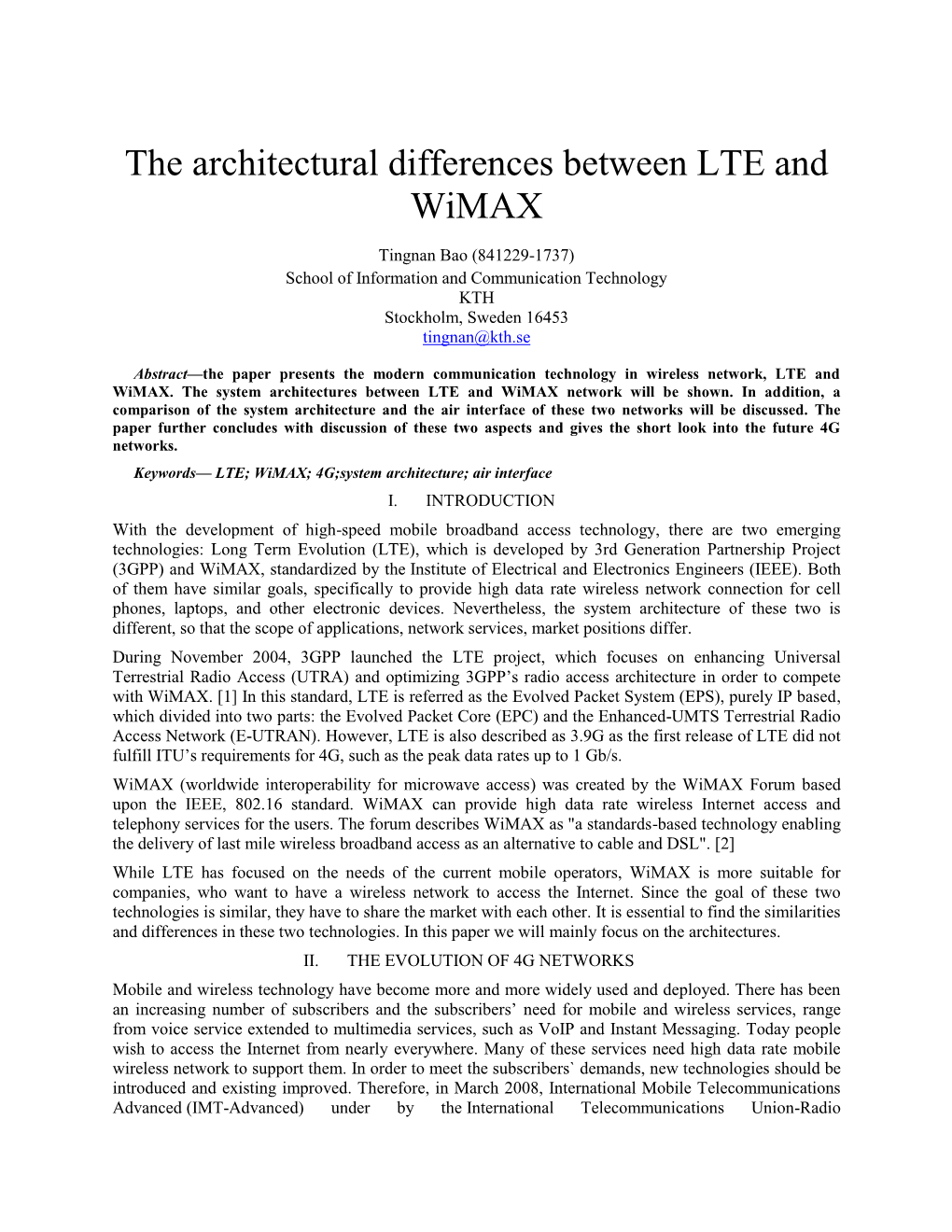 The Architectural Differences Between LTE and Wimax