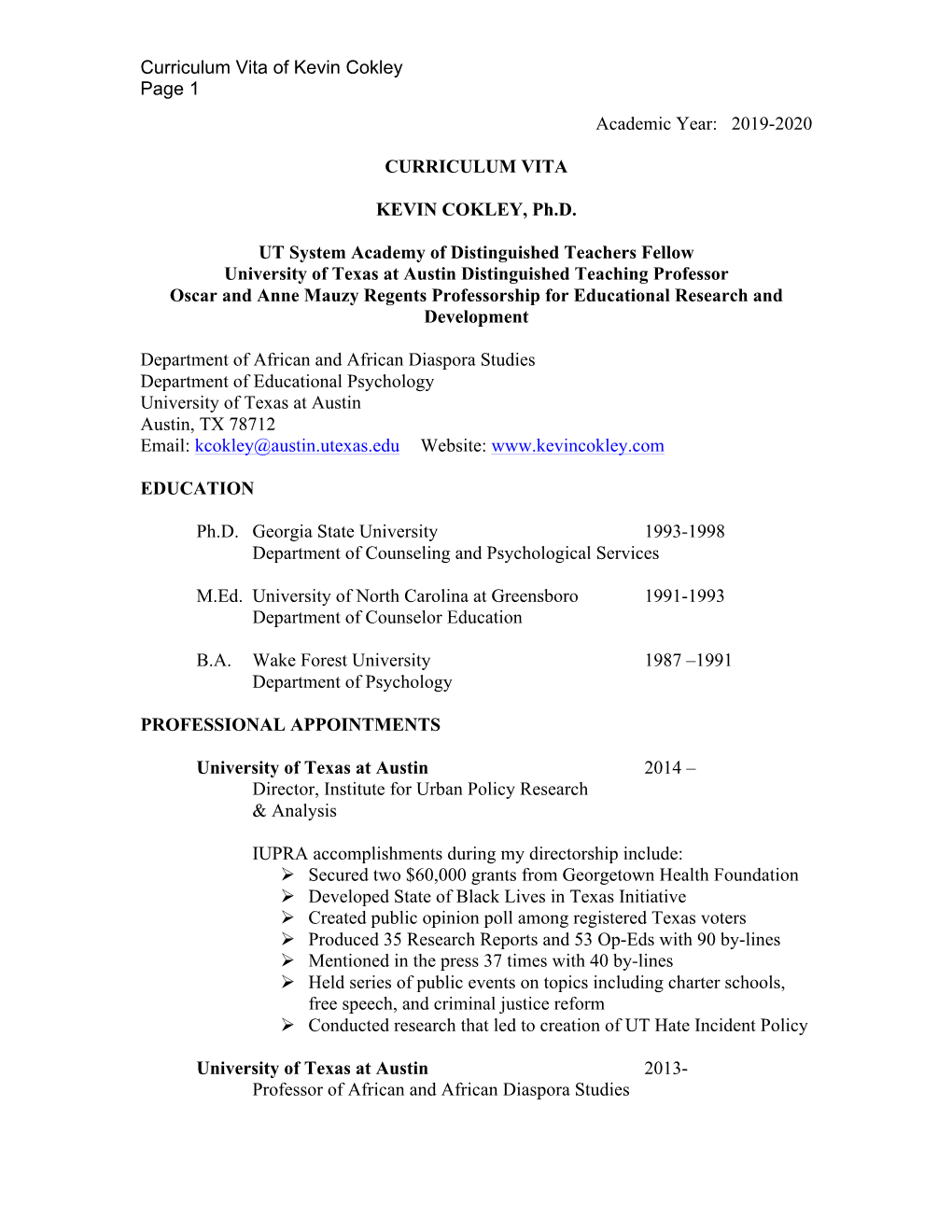 2019-2020 CURRICULUM VITA KEVIN COKLEY, Ph.D. UT System