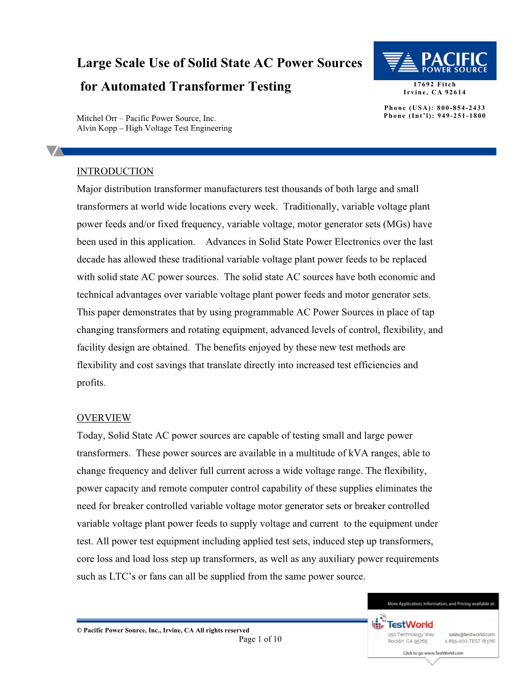 Large Scale Use of Solid State AC Power Sources for Automated Transformer Testing
