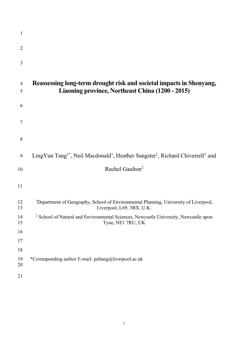 Reassessing Long-Term Drought Risk and Societal Impacts in Shenyang, 5 Liaoning Province, Northeast China (1200 - 2015)