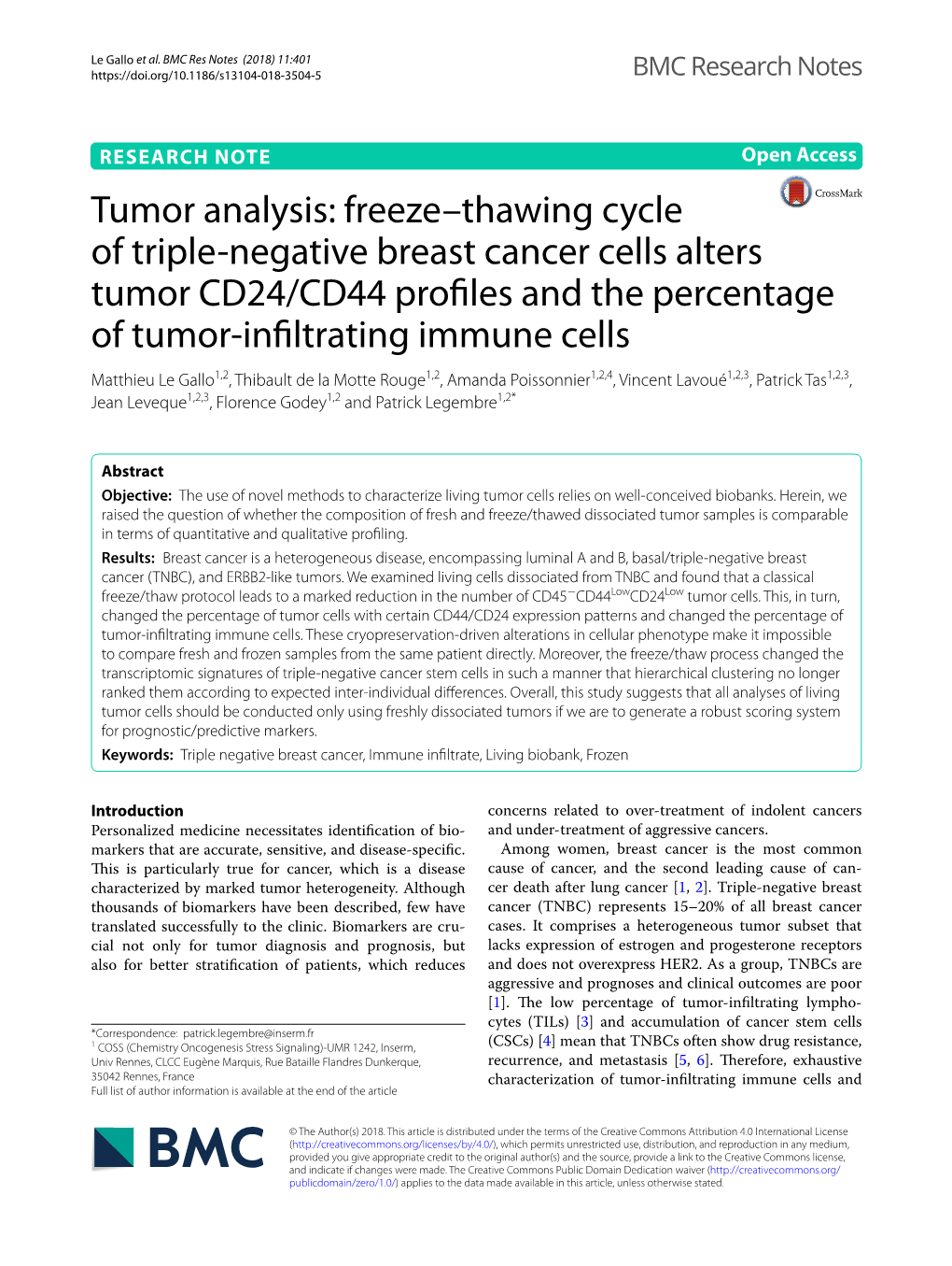 Tumor Analysis: Freeze–Thawing Cycle of Triple-Negative Breast Cancer