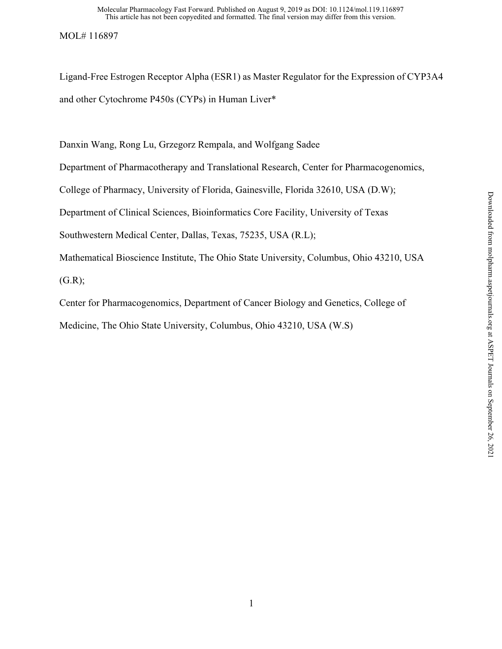 Ligand-Free Estrogen Receptor Alpha (ESR1) As Master Regulator for the Expression of CYP3A4 and Other Cytochrome P450s (Cyps) in Human Liver*