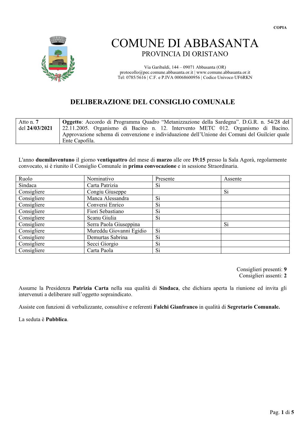 Comune Di Abbasanta Provincia Di Oristano