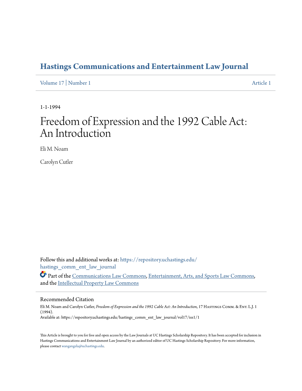 Freedom of Expression and the 1992 Cable Act: an Introduction Eli M