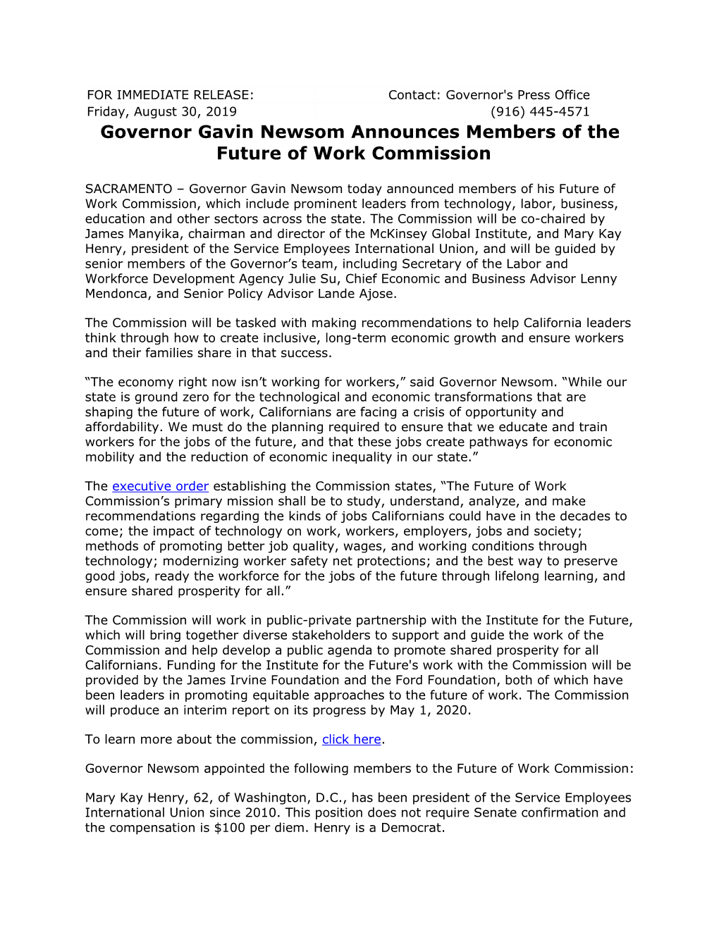 Governor Gavin Newsom Announces Members of the Future of Work Commission