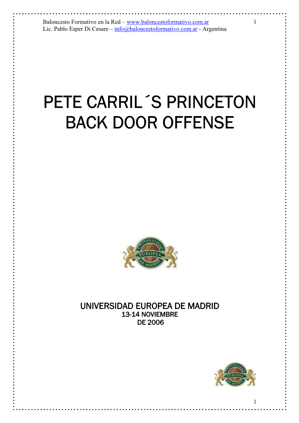 Pete Carril´S Princeton Back Door Offense