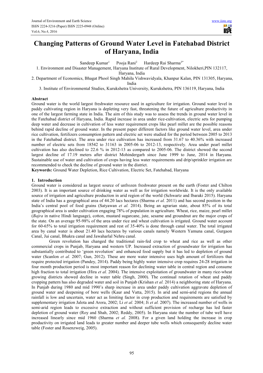 Changing Patterns of Ground Water Level in Fatehabad District of Haryana, India