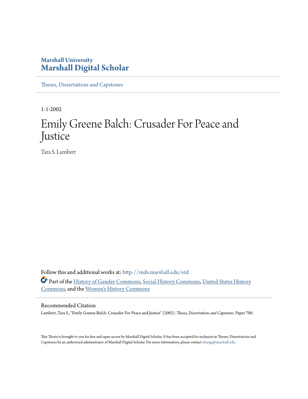 Emily Greene Balch: Crusader for Peace and Justice Tara S