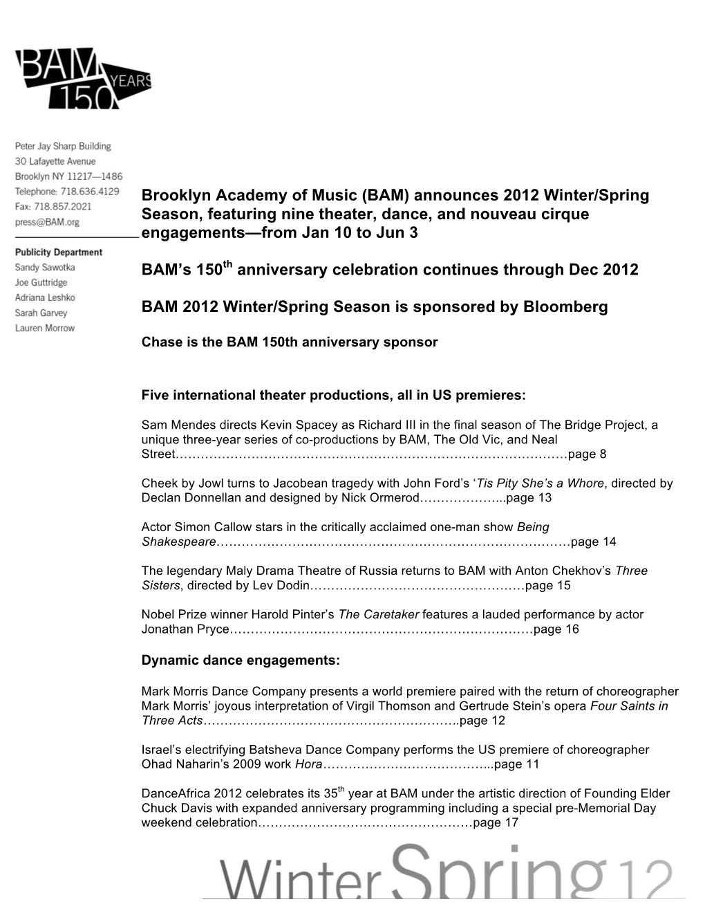 Announces 2012 Winter/Spring Season, Featuring Nine Theater, Dance, and Nouveau Cirque Engagements—From Jan 10 to Jun 3