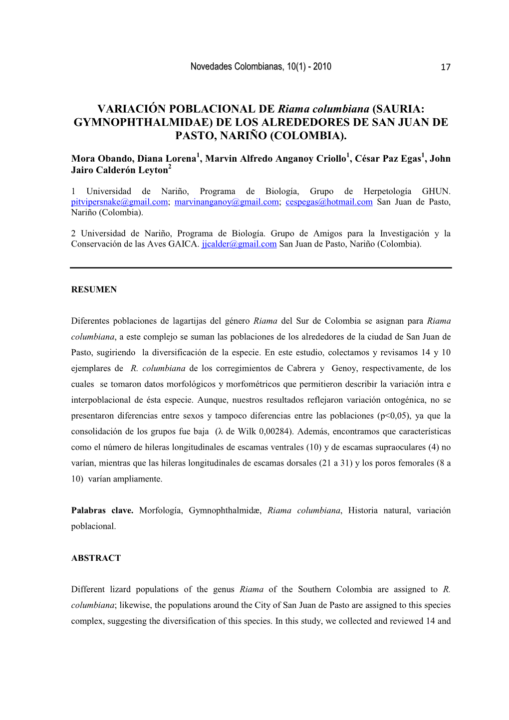 Mora Obando Et Al. Variación Poblacional De Riama Sauria