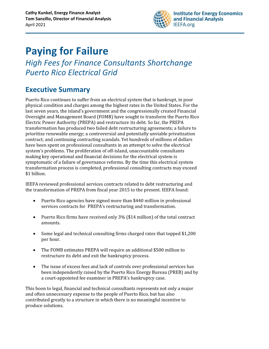 Paying for Failure High Fees for Finance Consultants Shortchange Puerto Rico Electrical Grid