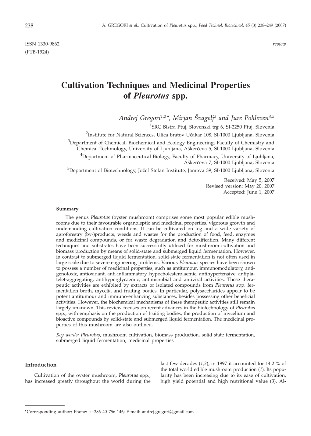 Cultivation Techniques and Medicinal Properties of Pleurotus Spp