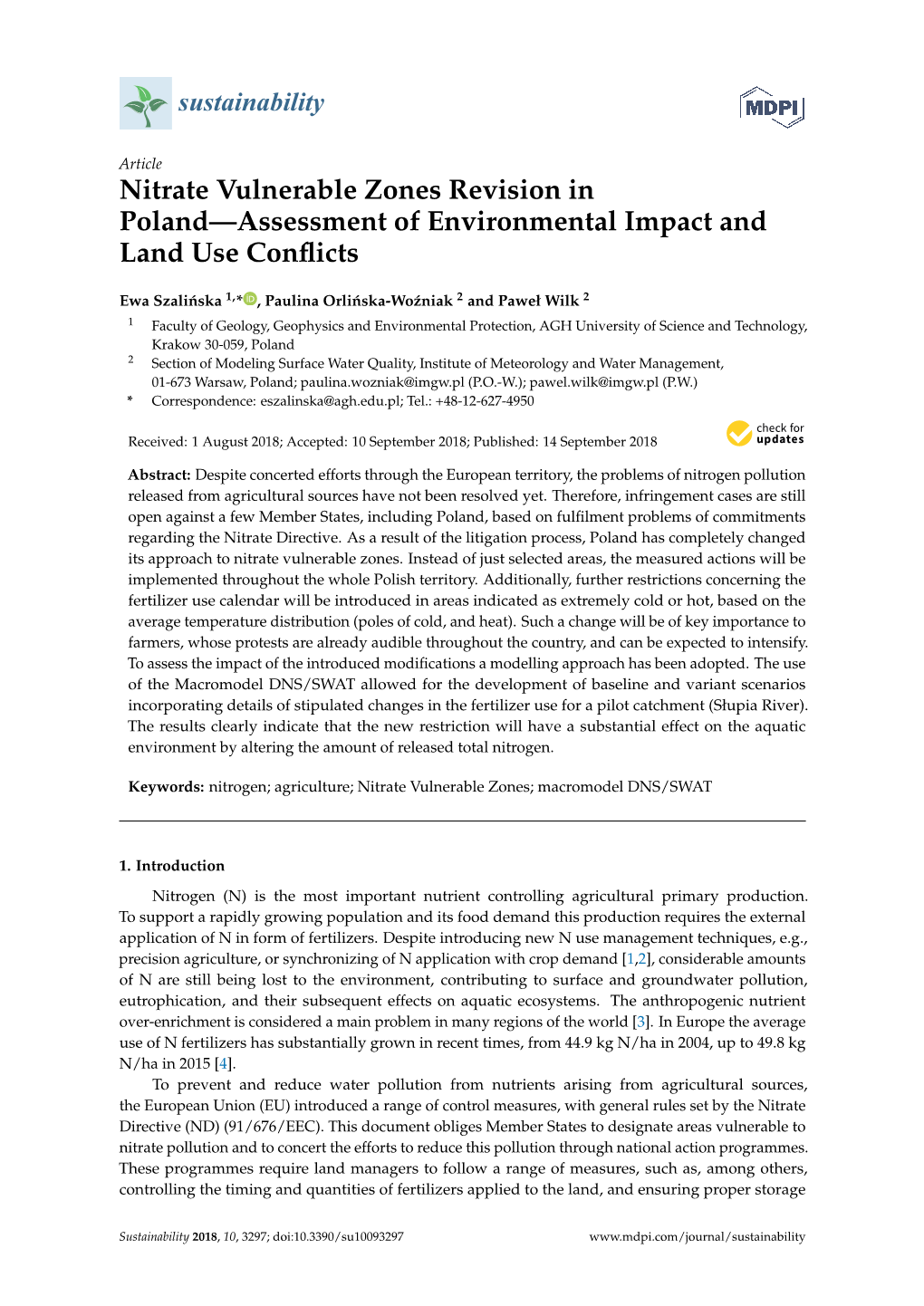 Nitrate Vulnerable Zones Revision in Poland—Assessment of Environmental Impact and Land Use Conﬂicts