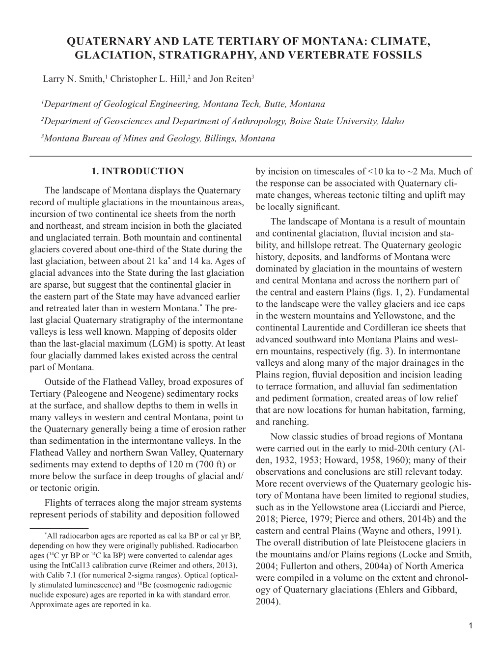 Quaternary and Late Tertiary of Montana: Climate, Glaciation, Stratigraphy, and Vertebrate Fossils