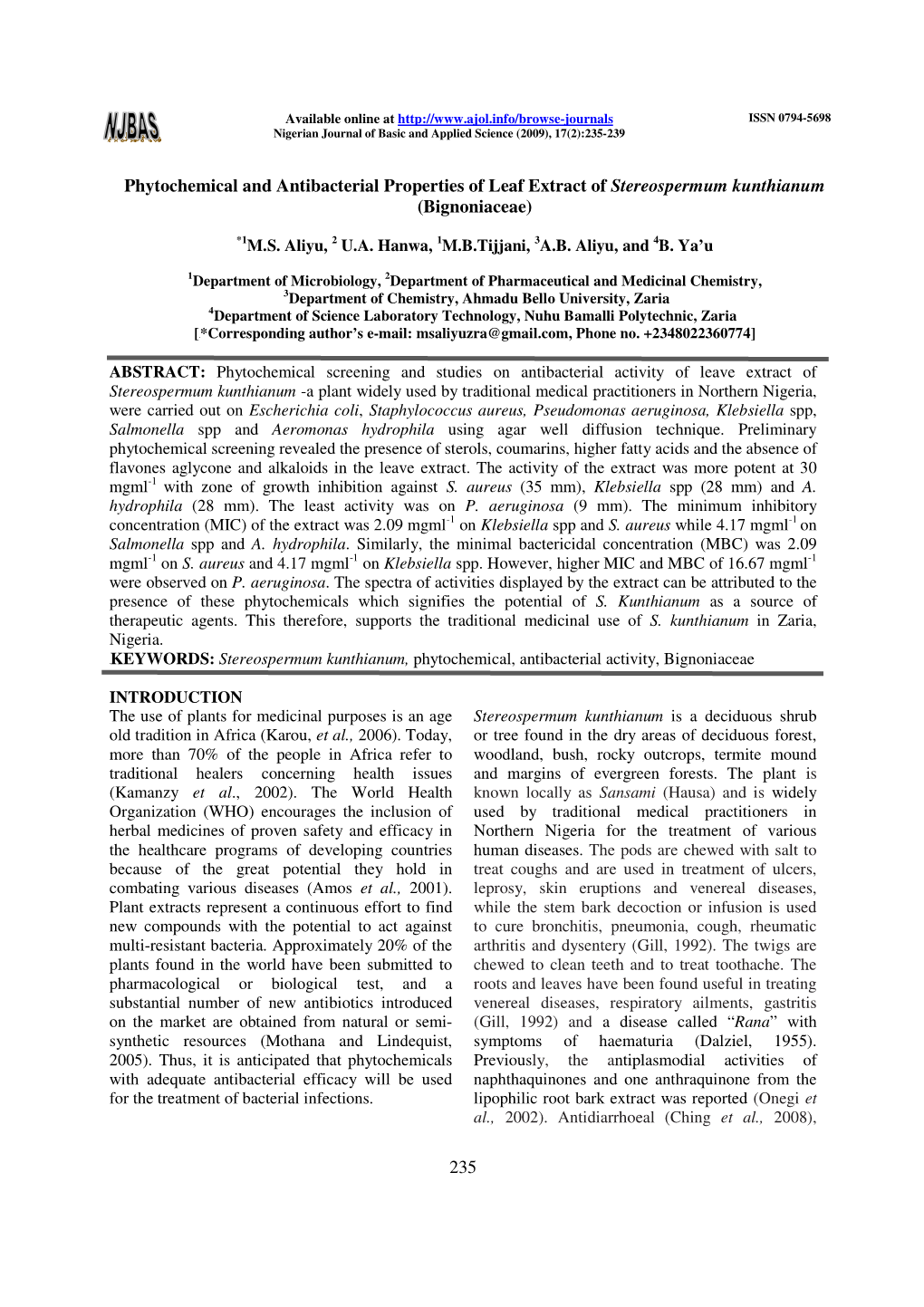 Phytochemical and Antibacterial Properties of Leaf Extract of Stereospermum Kunthianum (Bignoniaceae)