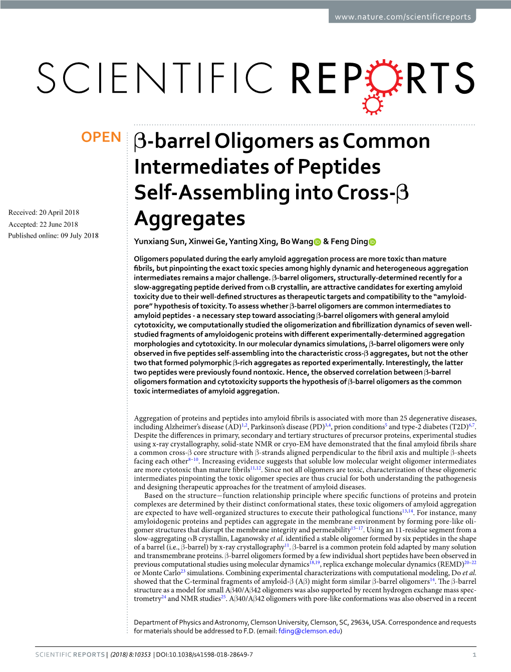 Β-Barrel Oligomers As Common Intermediates of Peptides Self