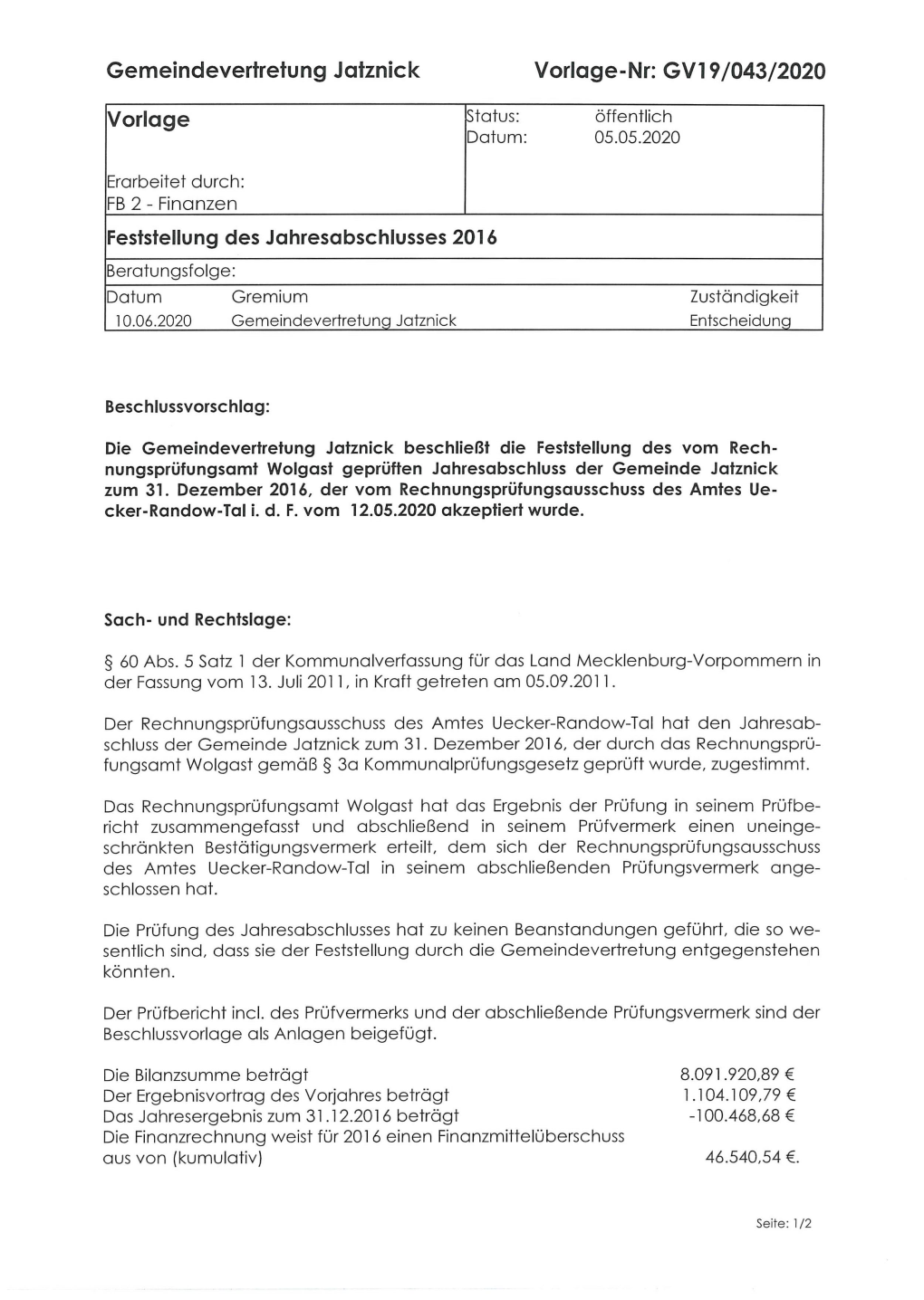 Gemeindevertretung Jatznick Vorlage-Nr: Gvl 9 /043/2020