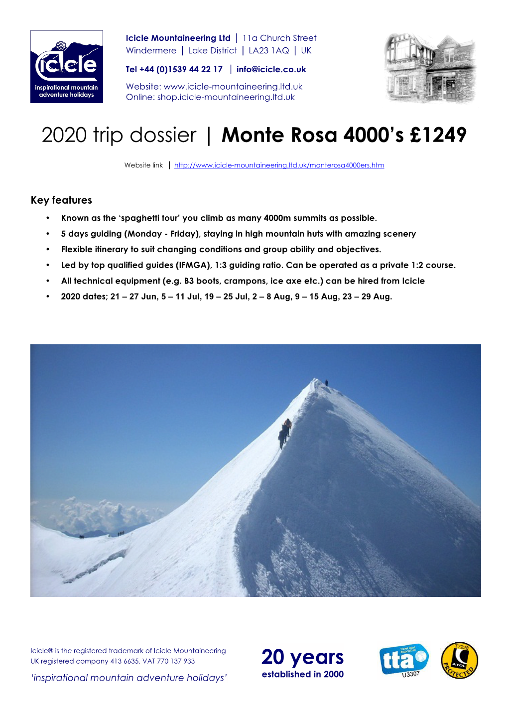20 Years 2020 Trip Dossier | Monte Rosa 4000'S £1249
