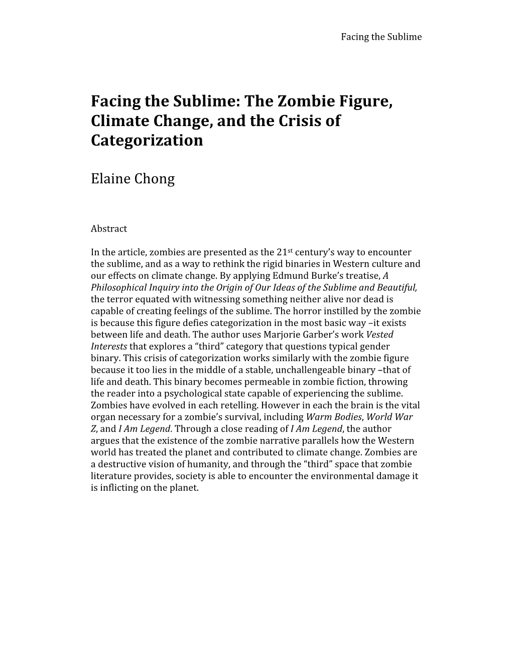 Facing the Sublime: the Zombie Figure, Climate Change, and the Crisis of Categorization