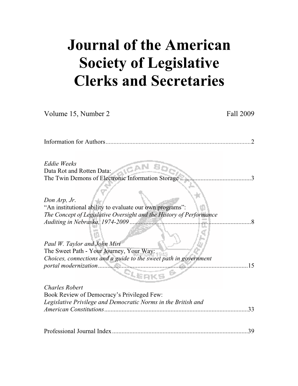 Journal of the American Society of Legislative Clerks and Secretaries