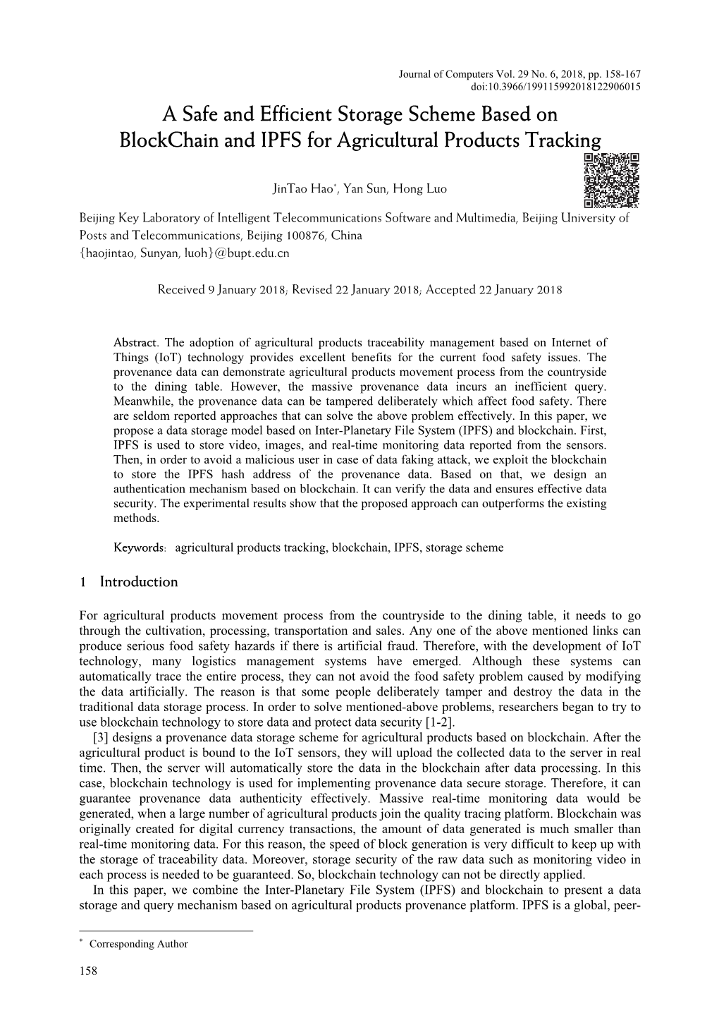 A Safe and Efficient Storage Scheme Based on Blockchain and IPFS for Agricultural Products Tracking