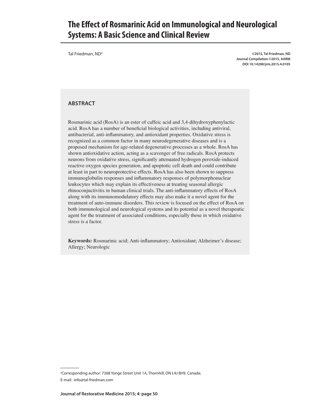 The Efiect of Rosmarinic Acid on Immunological and Neurological