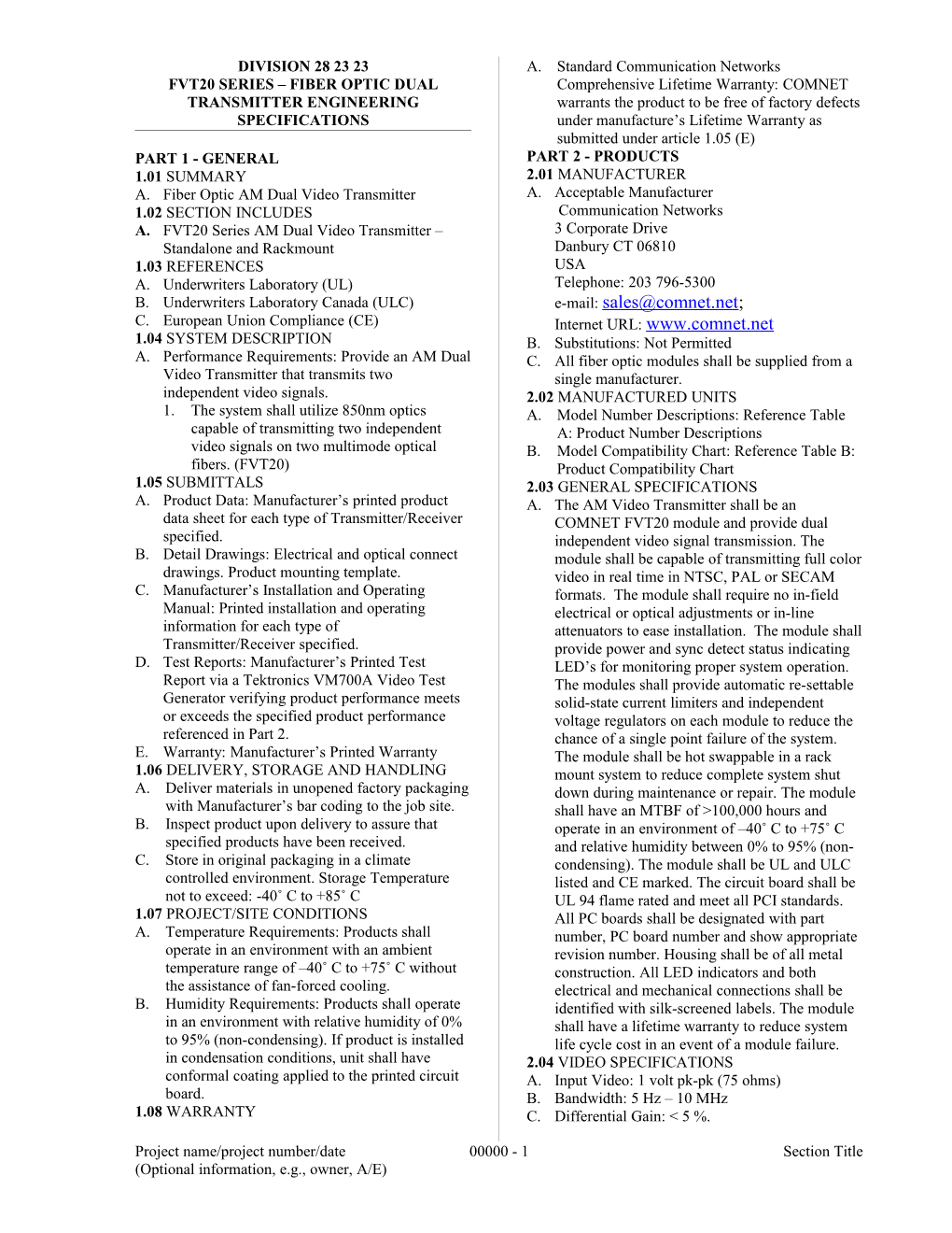 Fvt20 Series Fiber Optic Dual Transmitter Engineering Specifications