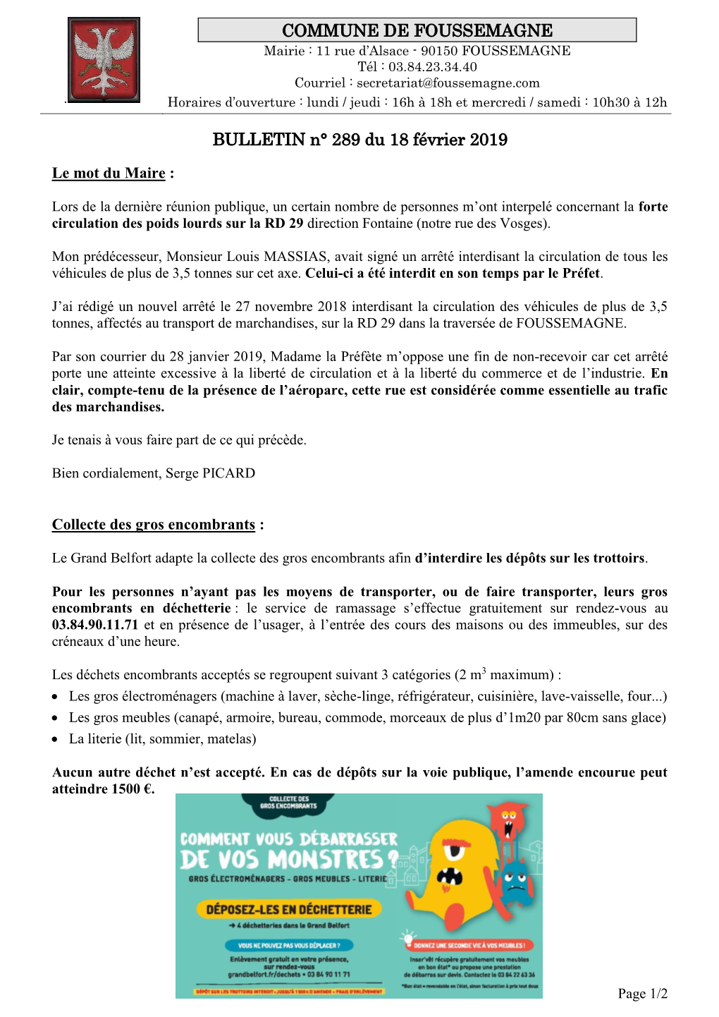 COMMUNE DE FOUSSEMAGNE BULLETIN N° 289 Du 18 Février 2019