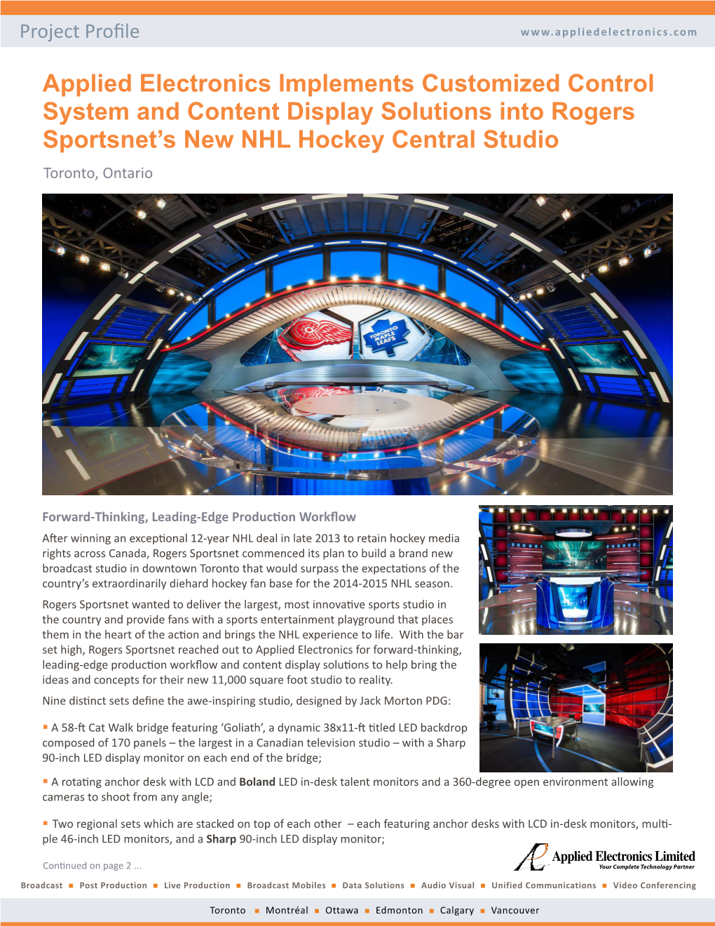 Applied Electronics Implements Customized Control System and Content Display Solutions Into Rogers Sportsnet’S New NHL Hockey Central Studio Toronto, Ontario