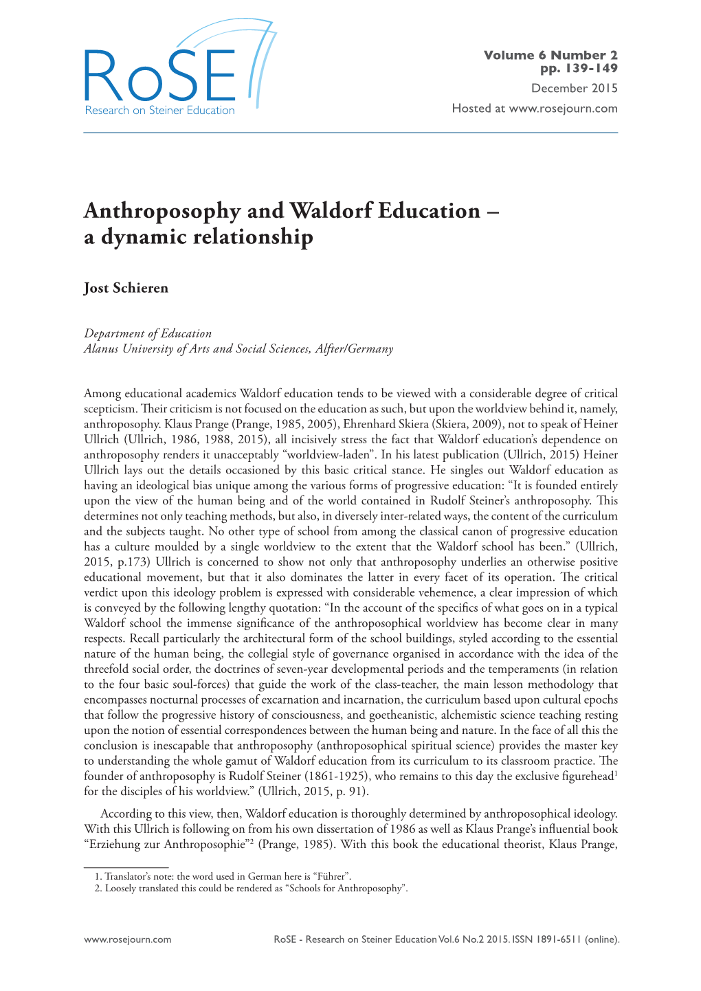 Anthroposophy and Waldorf Education – a Dynamic Relationship