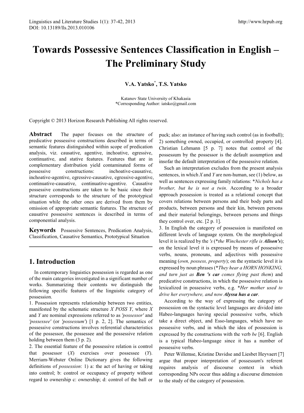 Towards Possessive Sentences Classification in English – the Preliminary Study