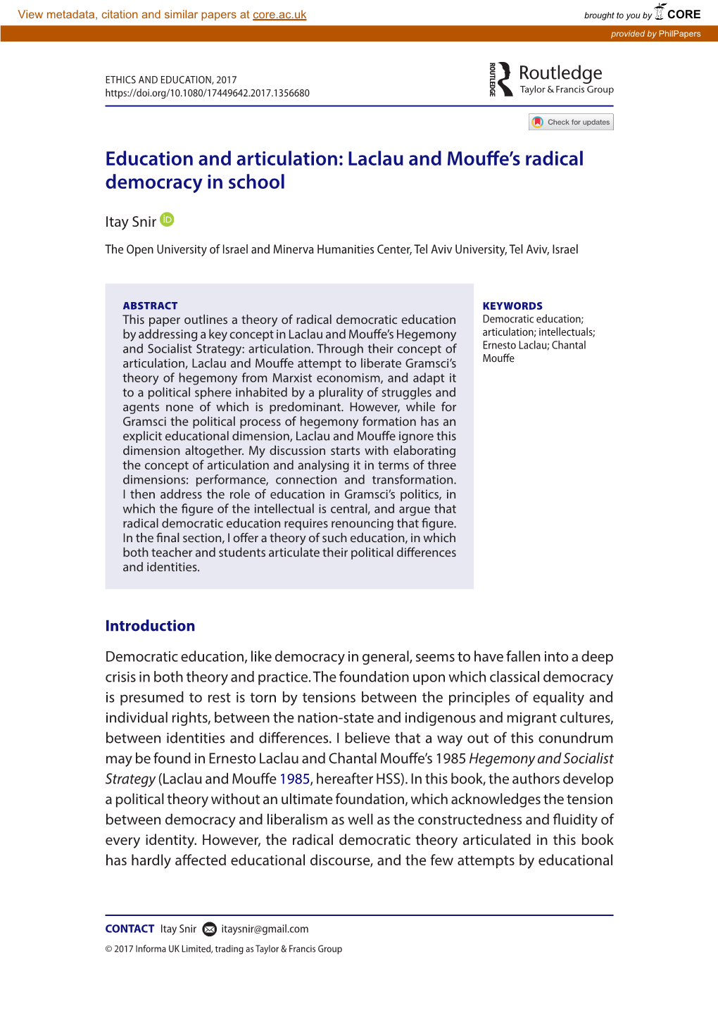 Laclau and Mouffe's Radical Democracy in School