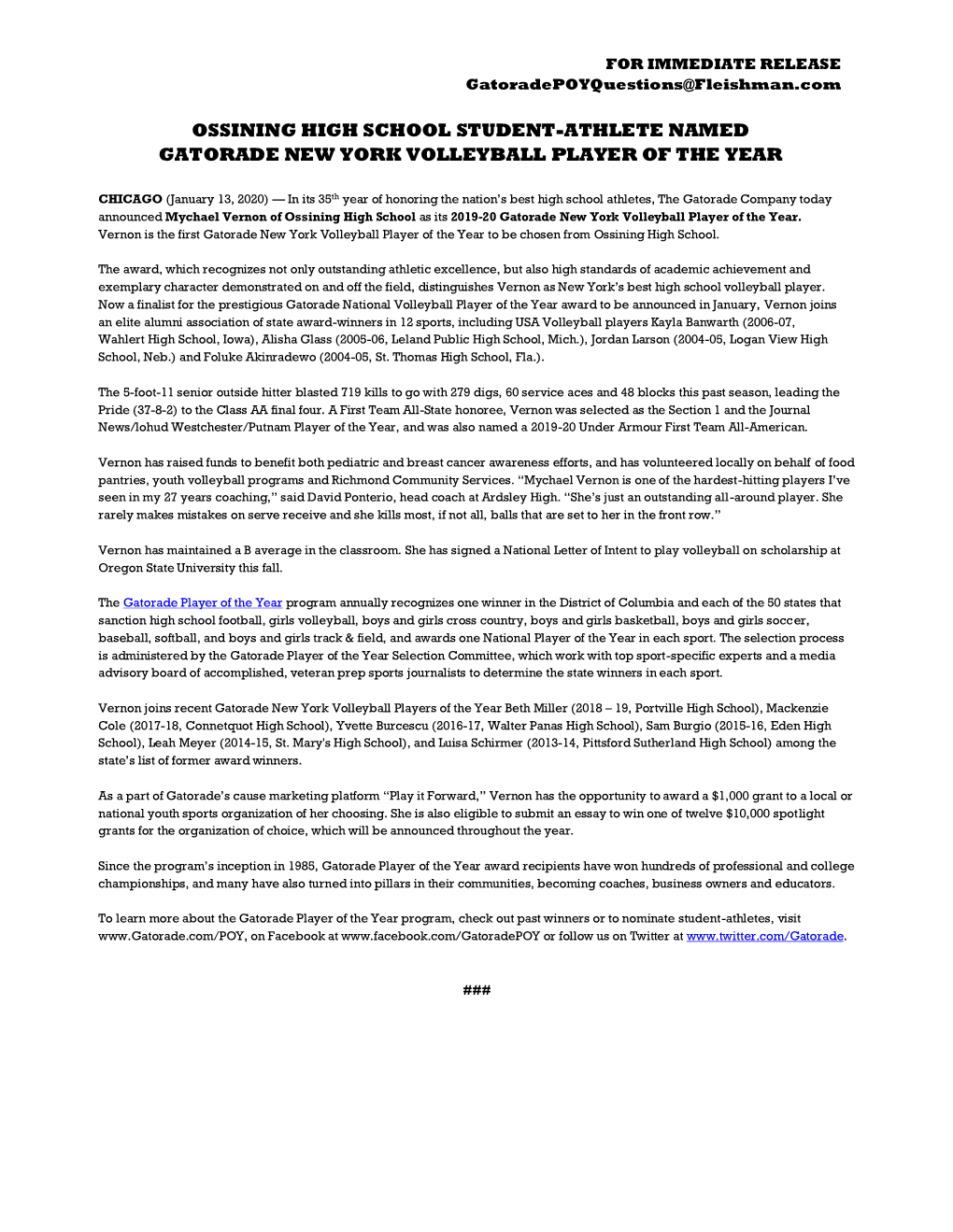 Ossining High School Student-Athlete Named Gatorade New York Volleyball Player of the Year