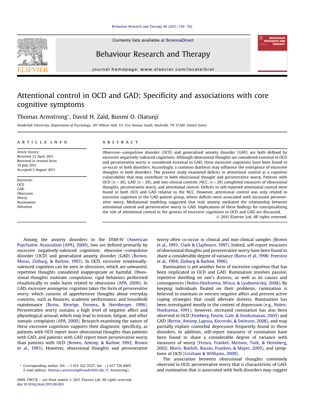 Attentional Control in OCD and GAD: Speciﬁcity and Associations with Core Cognitive Symptoms