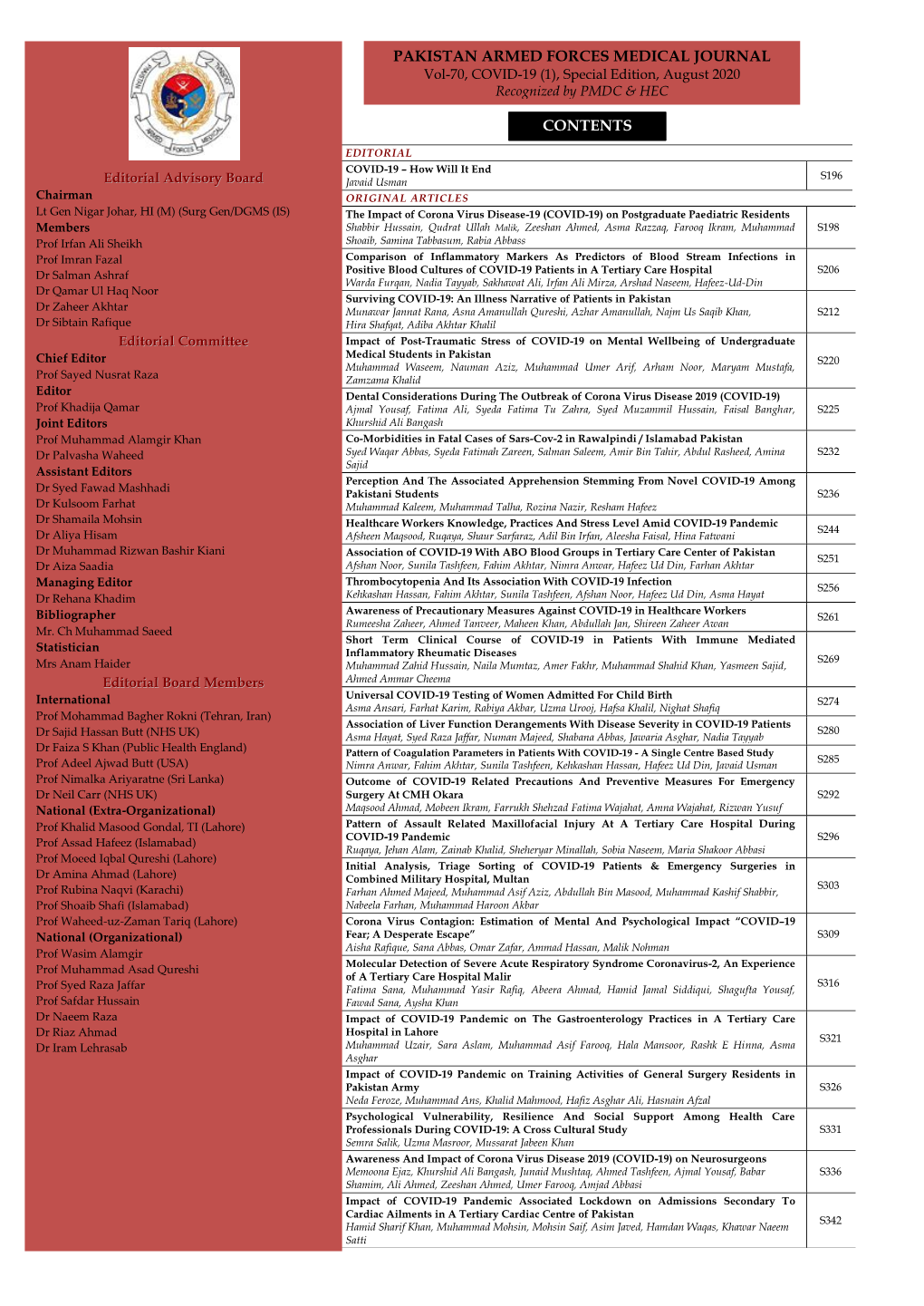 Pakistan Armed Forces Medical Journal Contents