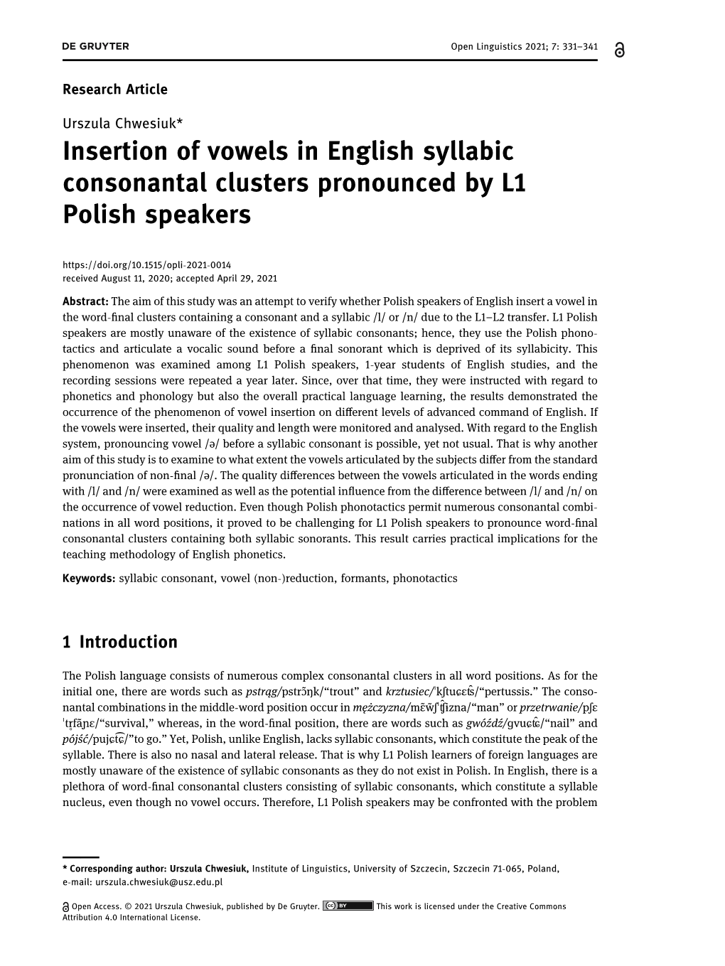 Insertion of Vowels in English Syllabic Consonantal Clusters Pronounced by L1 Polish Speakers