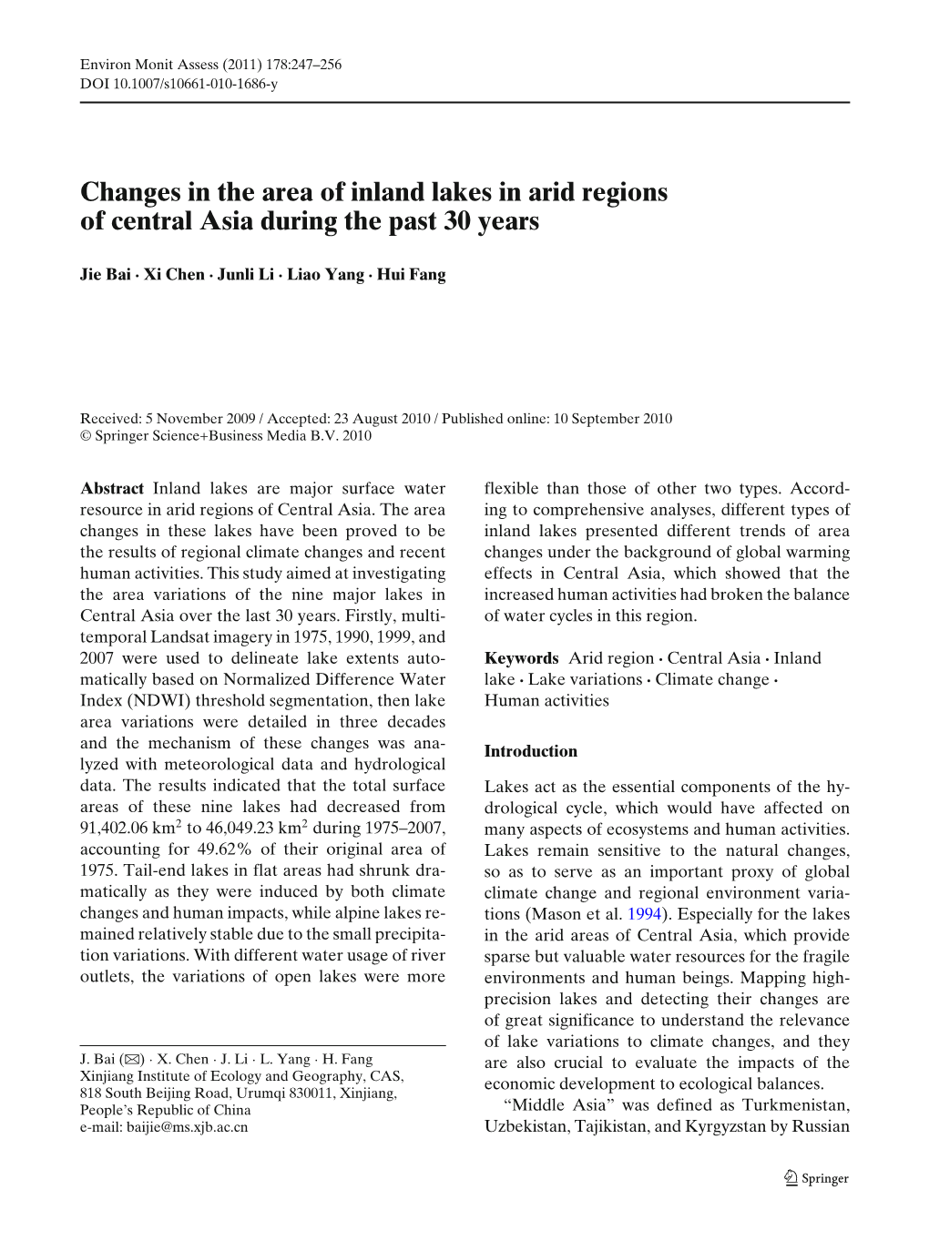 Changes in the Area of Inland Lakes in Arid Regions of Central Asia During the Past 30 Years