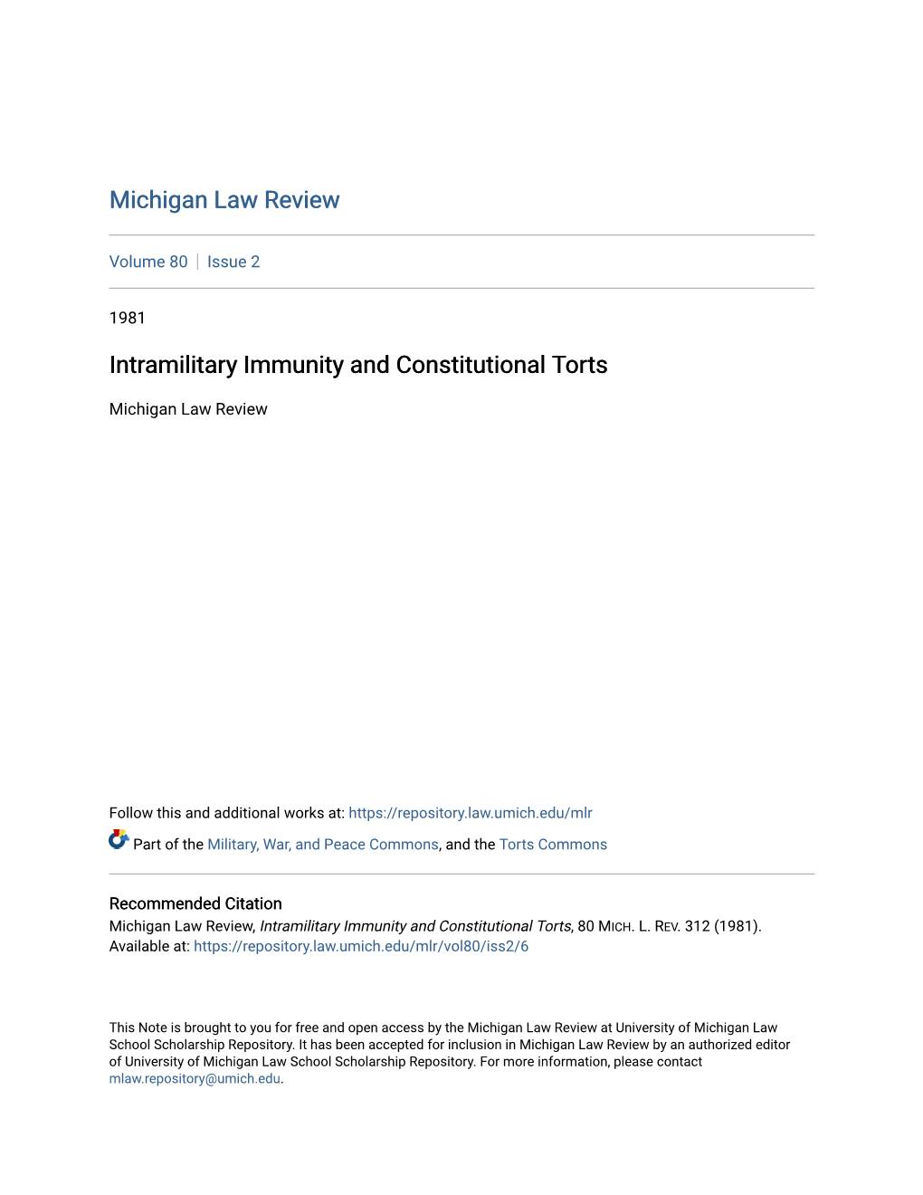 Intramilitary Immunity and Constitutional Torts