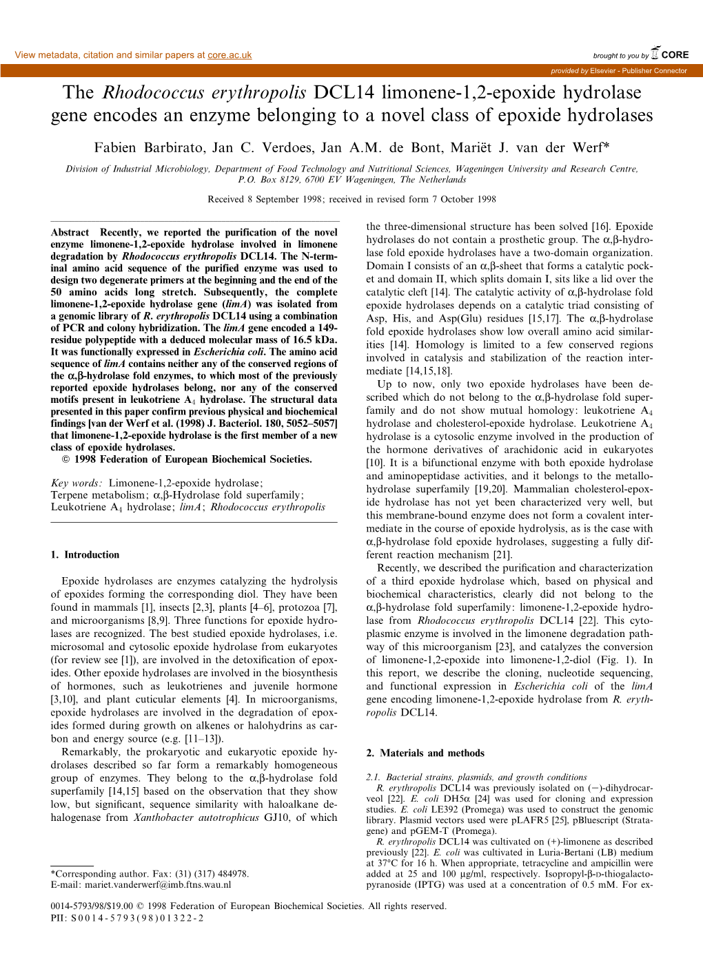 The Rhodococcus Erythropolis DCL14 Limonene-1,2-Epoxide Hydrolase Gene Encodes an Enzyme Belonging to a Novel Class of Epoxide Hydrolases