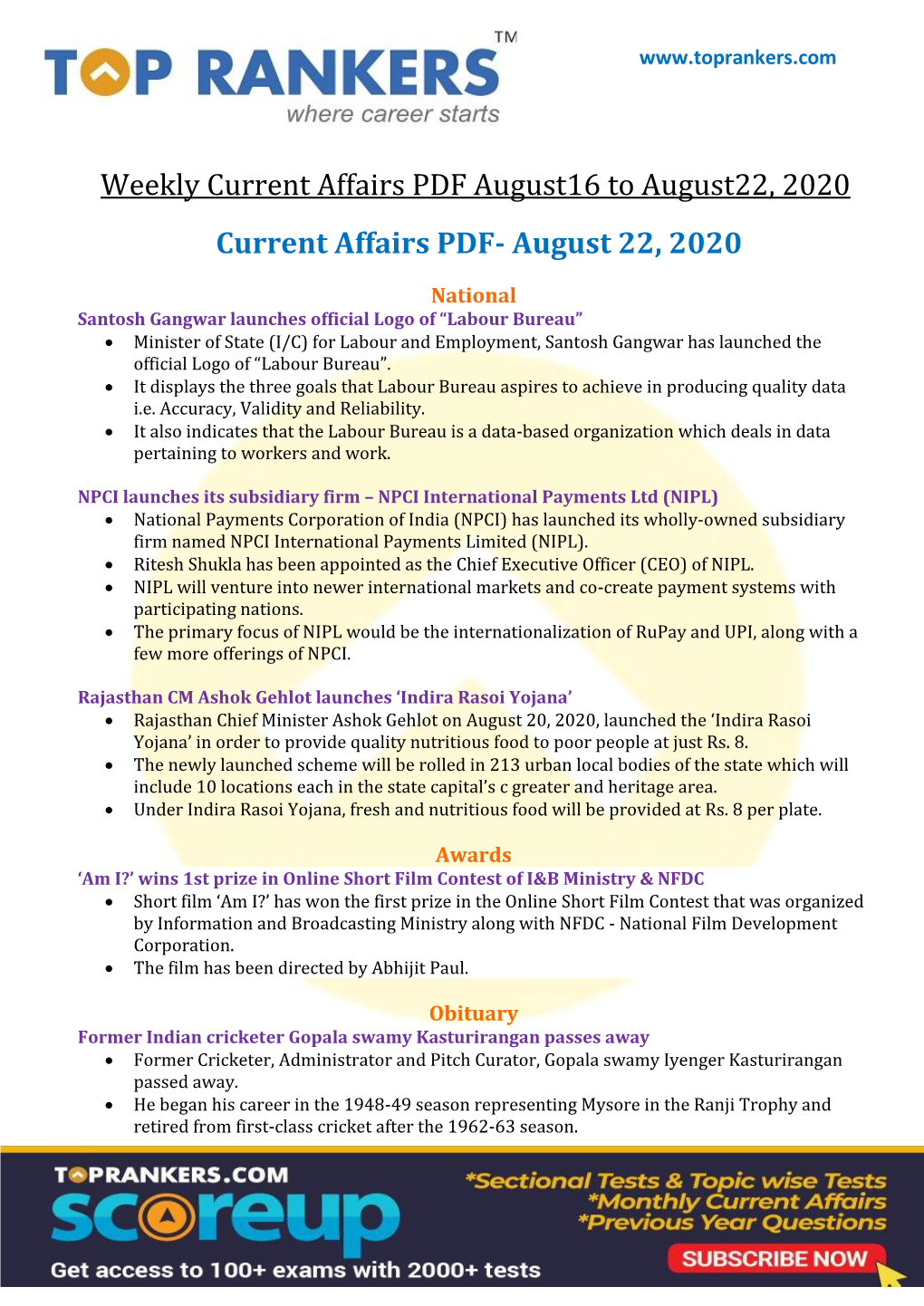 Current Affairs PDF August16 to August22, 2020