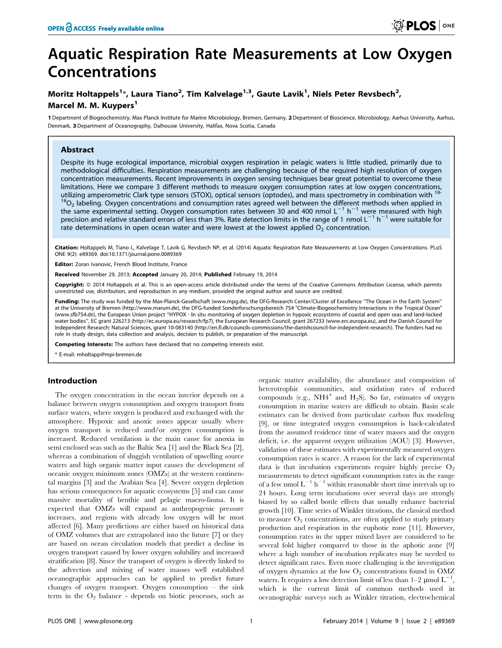 Aquatic Respiration Rate Measurements at Low Oxygen Concentrations