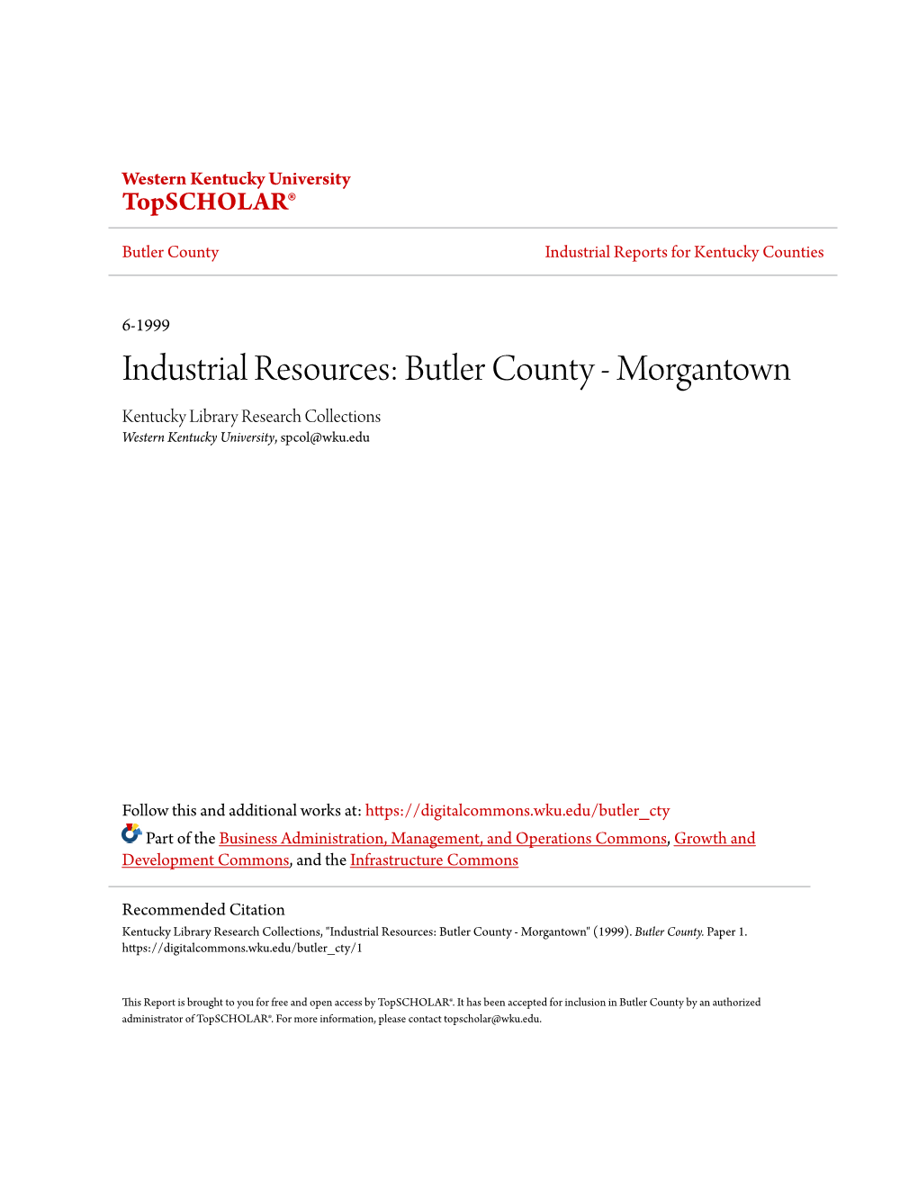 Industrial Resources: Butler County - Morgantown Kentucky Library Research Collections Western Kentucky University, Spcol@Wku.Edu