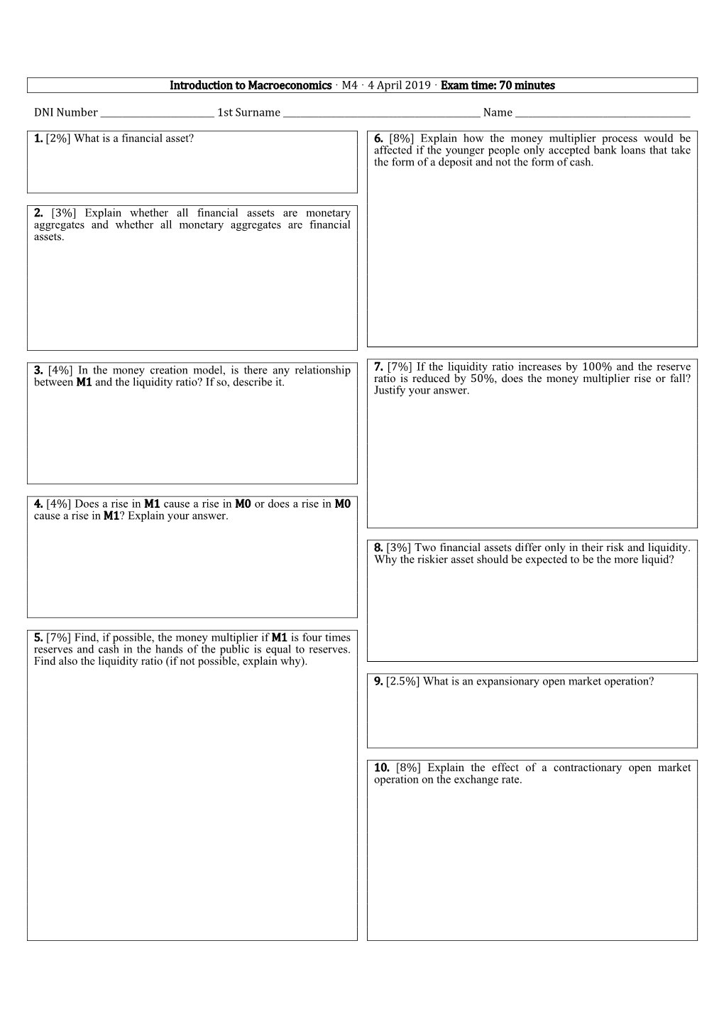 Introduction to Macroeconomics · M4 · 4 April 2019 · Exam Time: 70 Minutes