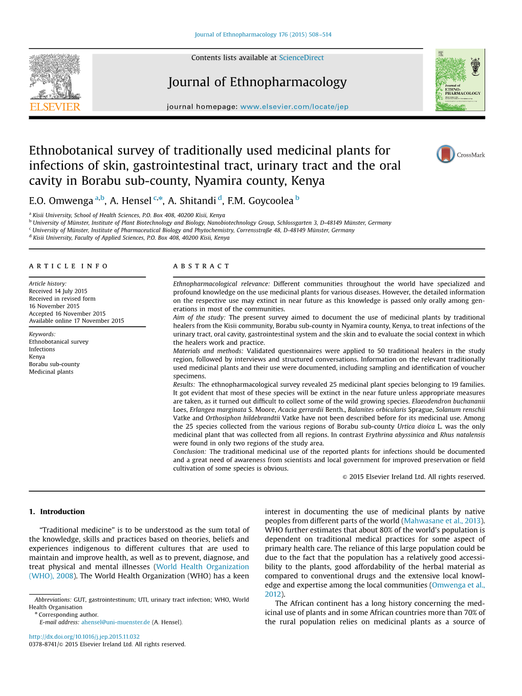 Ethnobotanical Survey of Traditionally Used Medicinal Plants for Infections