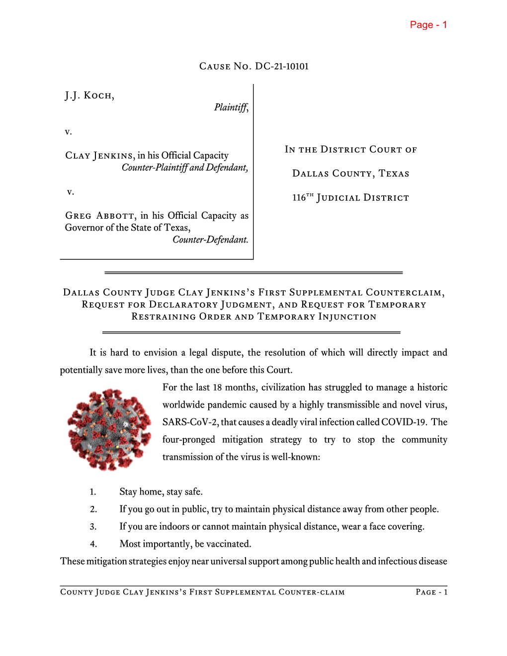 Cause No. DC-21-10101 J.J. Koch, Plaintiff, V. Clay Jenkins, in His