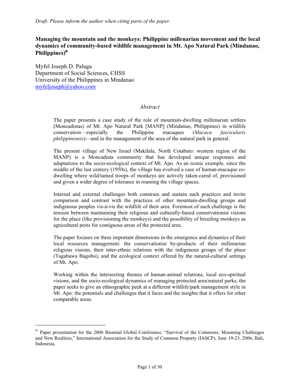 Managing the Mountain and the Monkeys: Philippine Millenarian Movement and the Local Dynamics of Community-Based Wildlife Management in Mt