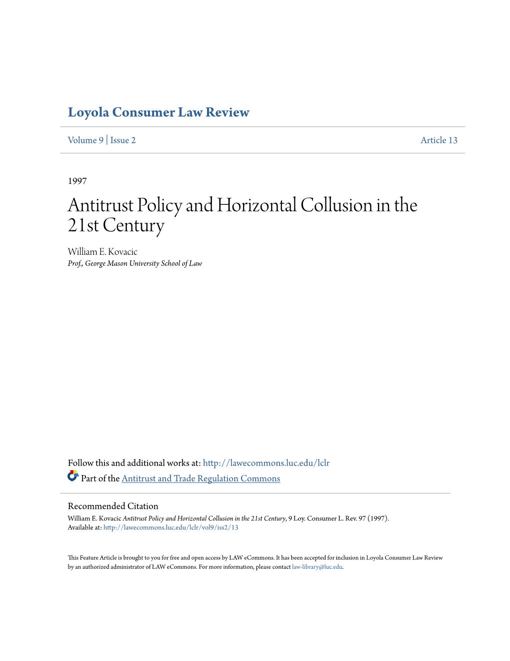 Antitrust Policy and Horizontal Collusion in the 21St Century William E