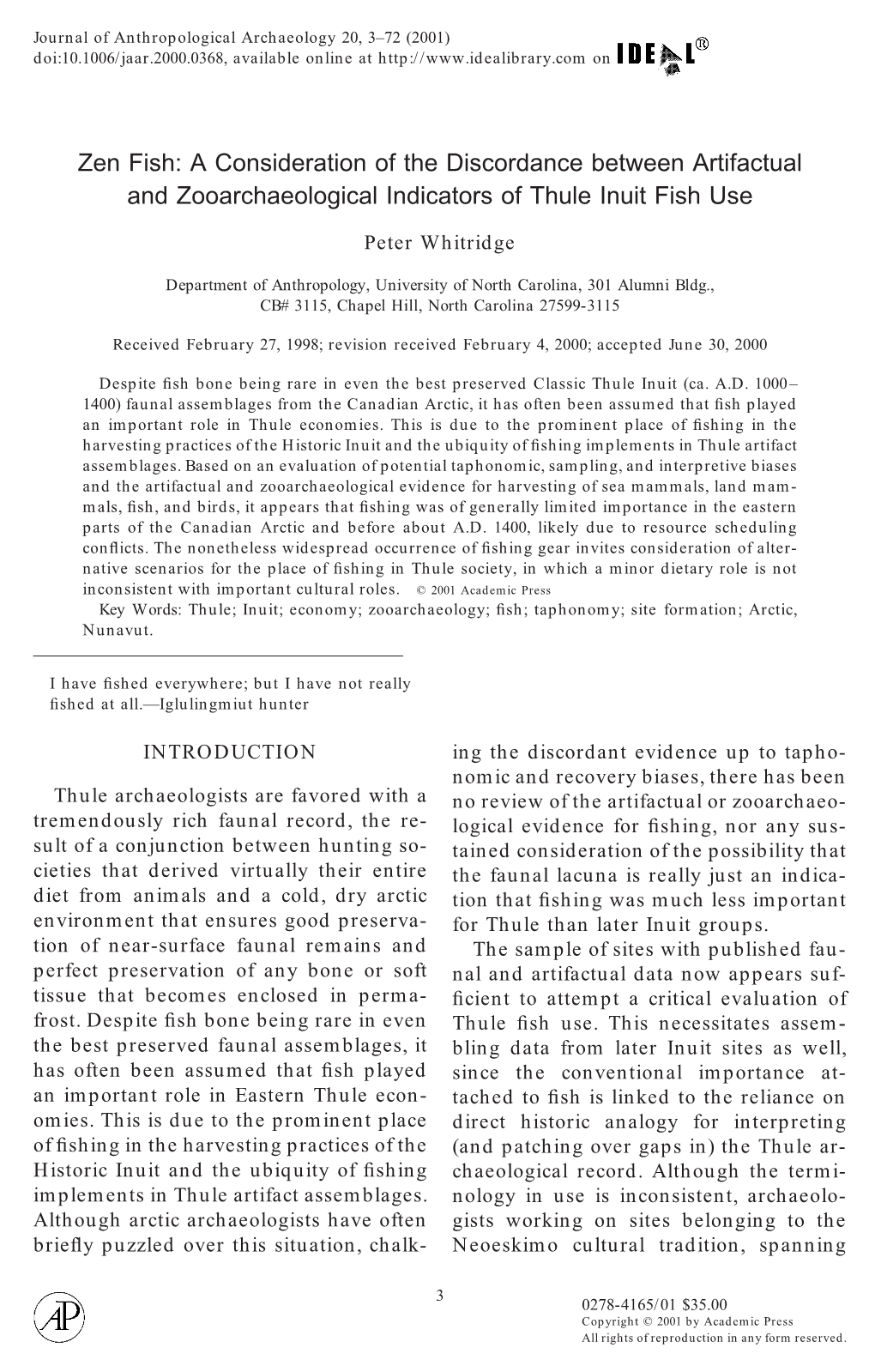 Zen Fish: a Consideration of the Discordance Between Artifactual and Zooarchaeological Indicators of Thule Inuit Fish Use